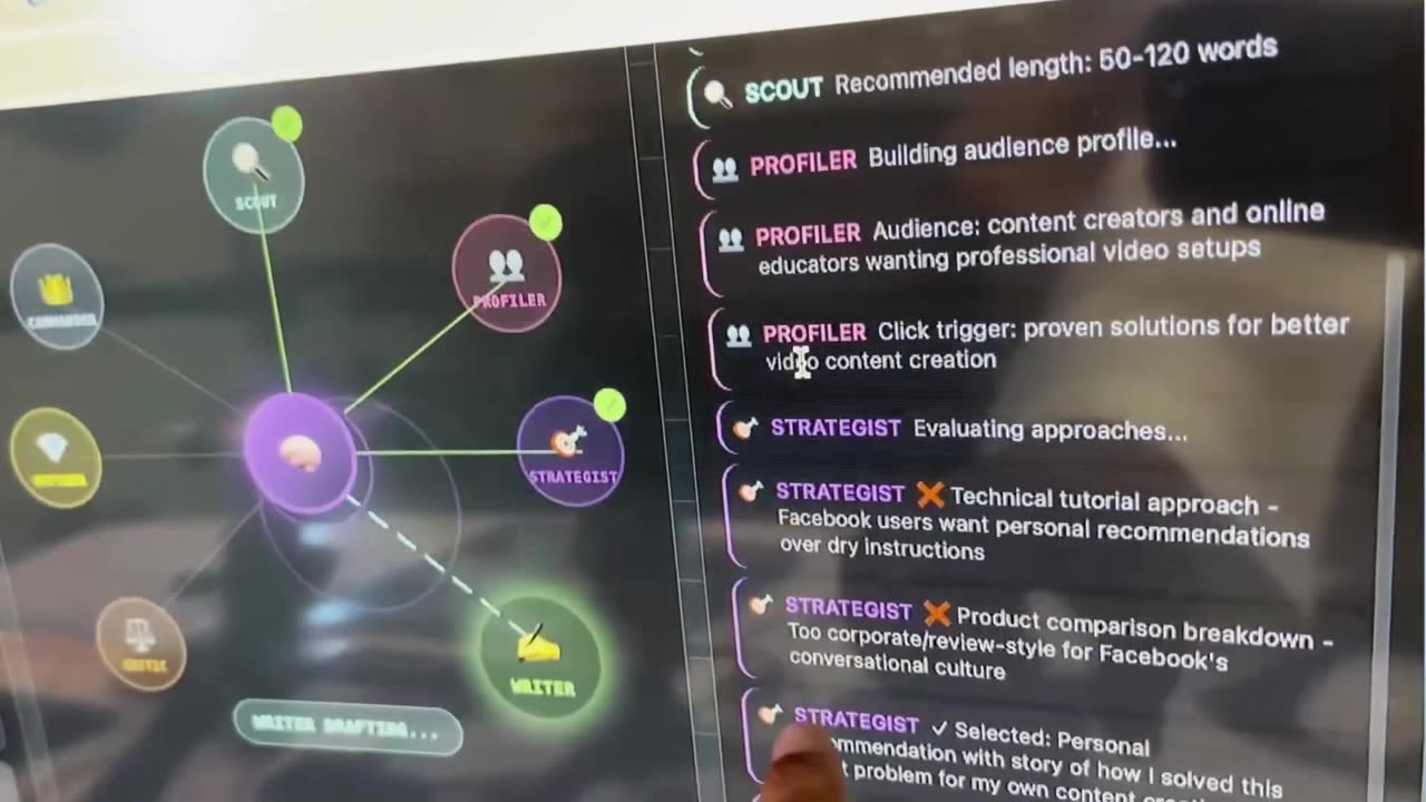 Comment Squad screen showing the agents Scout, Profiler and Strategist working, with their notes listed on the right.
