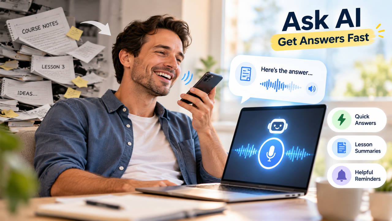 From messy notes to AI answers: a smiling member talks into his phone, piles of course notes behind him, and the AI answers instantly in text and audio. Labels: Ask AI, get answers fast. Quick answers, lesson summaries, helpful reminders.