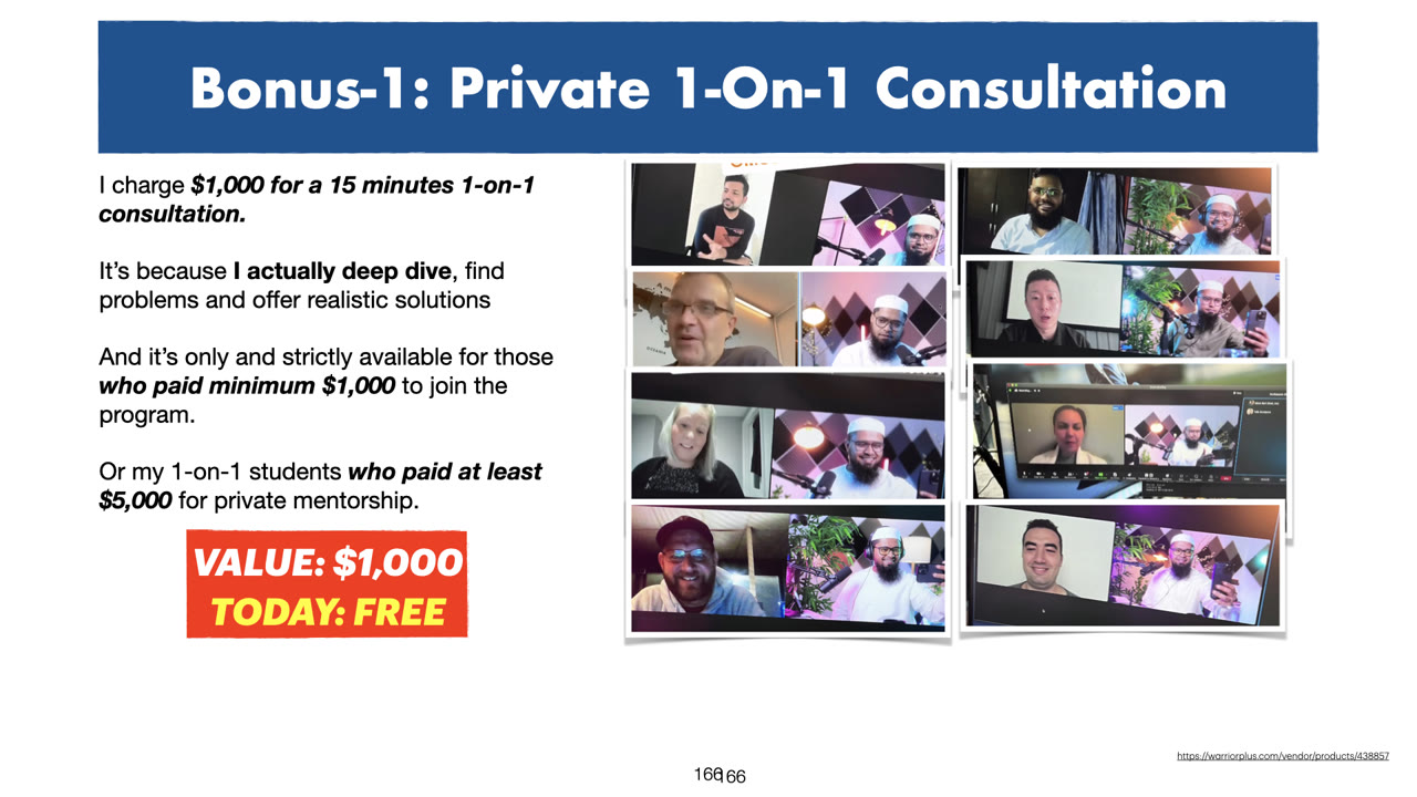 Bonus 1 slide: private 1-on-1 consultation, with a grid of video-call screenshots with clients.