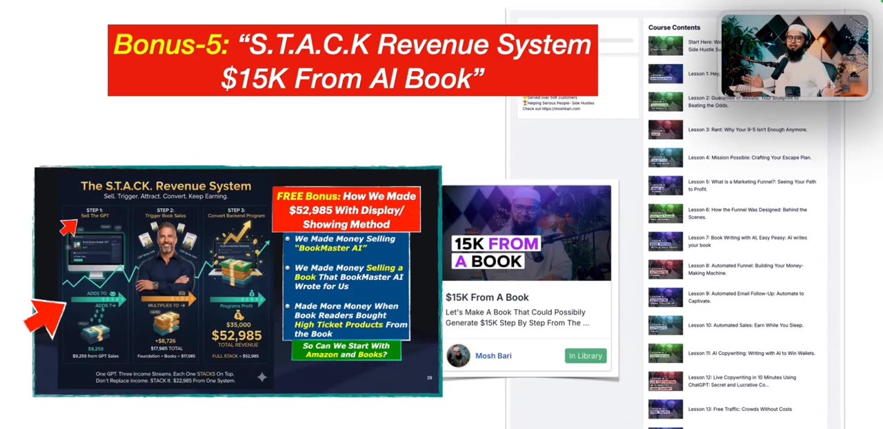 Bonus 5 slide: S.T.A.C.K. Revenue System, $15K from AI book, with a $52,985 result shown.