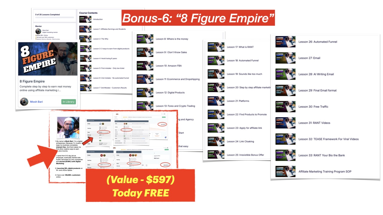 Bonus 6 slide: 8 Figure Empire, value $597, today free. The course card and its lesson list, from Affiliates Earnings and Students to RANT Your Bio the Bank.
