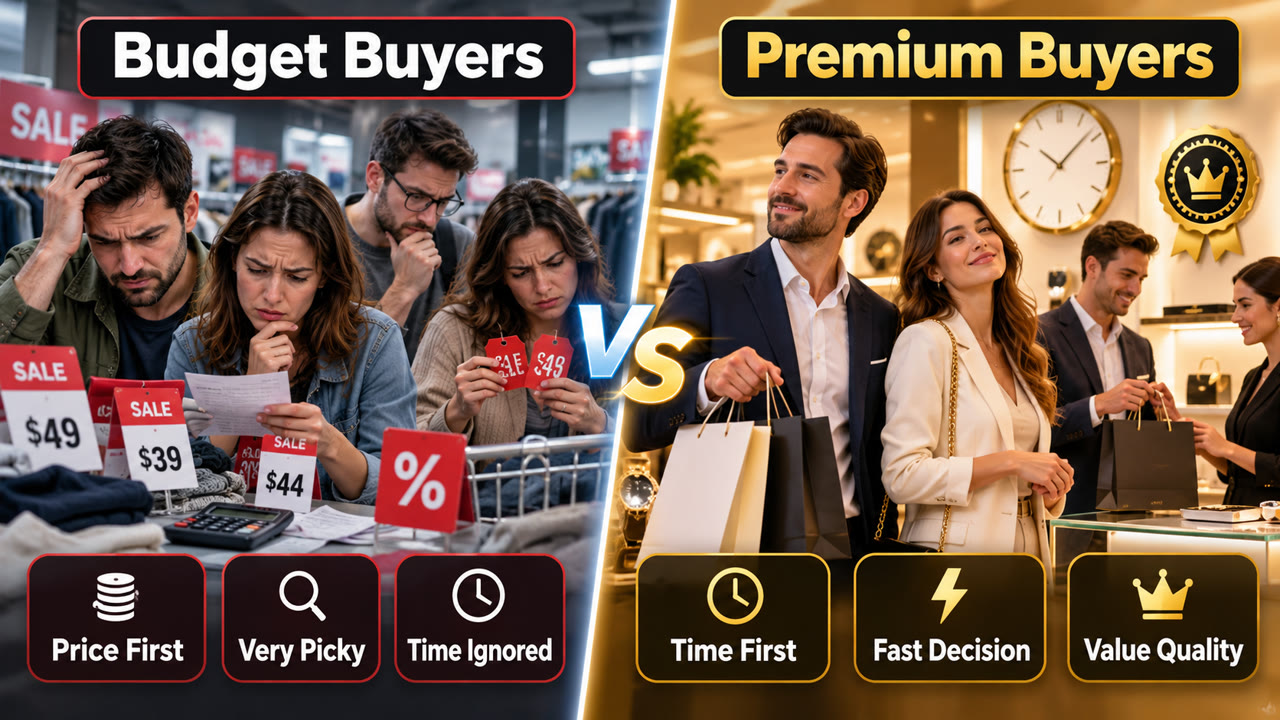 Budget buyers vs premium buyers. Left: stressed shoppers comparing sale tags, labelled price first, very picky, time ignored. Right: relaxed shoppers in a luxury store, labelled time first, fast decision, value quality.
