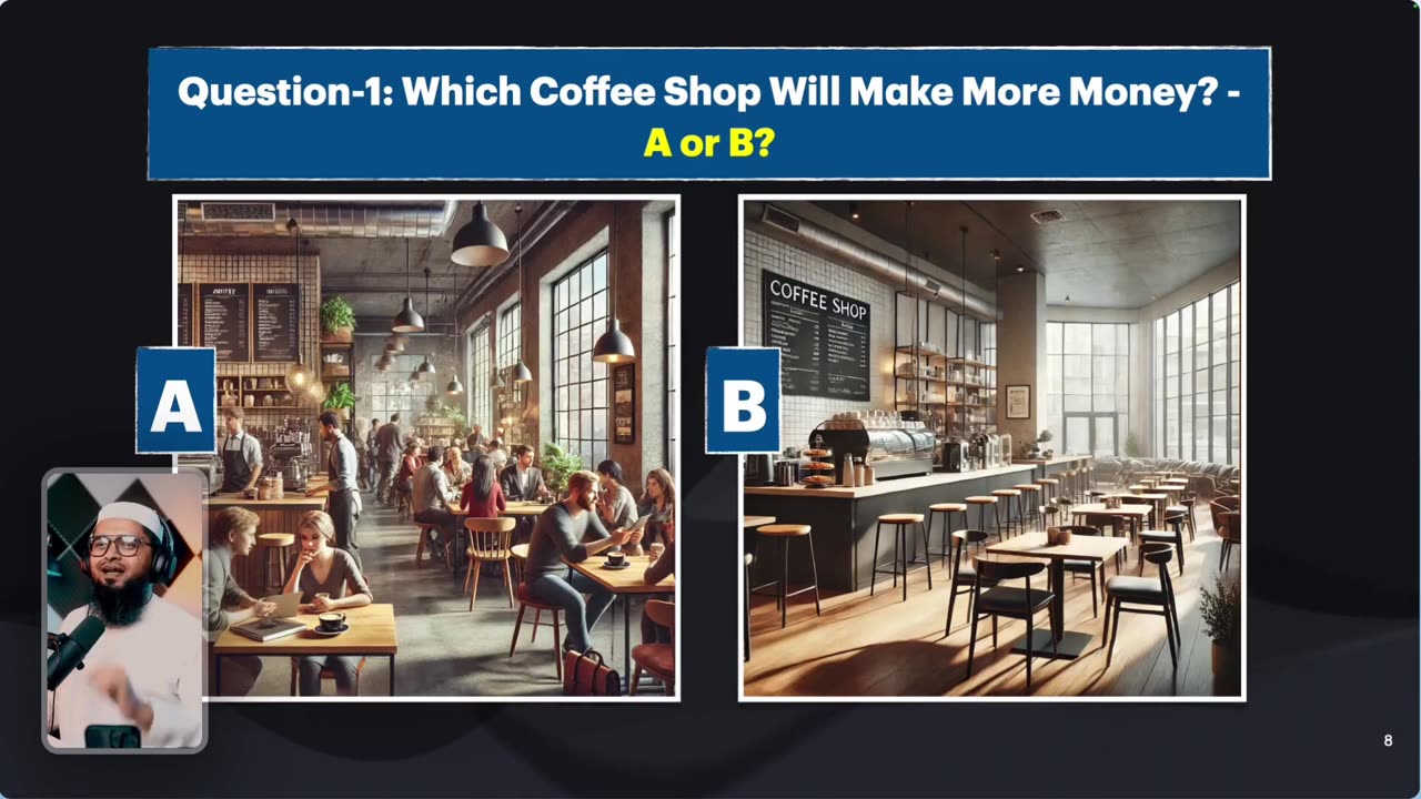Quiz slide: which coffee shop will make more money, A (busy) or B (empty)?