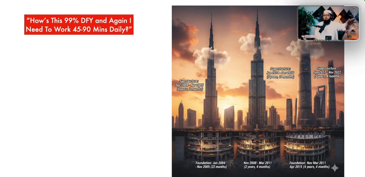 Slide: Is this 99% DFY and again I need to work 45-90 minutes daily? Photo of tall towers with their foundation build times.