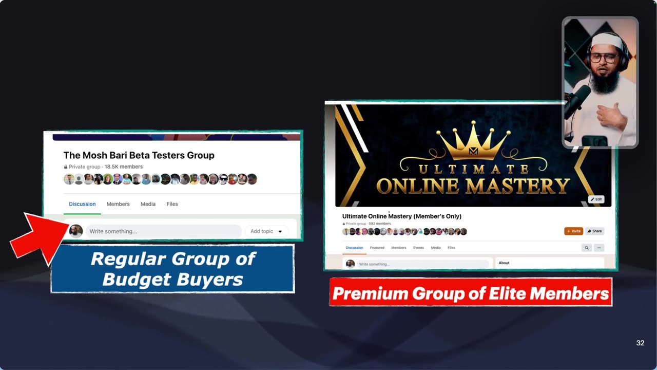 Two Facebook groups side by side: a regular group of budget buyers and the premium Ultimate Online Mastery group of elite members.