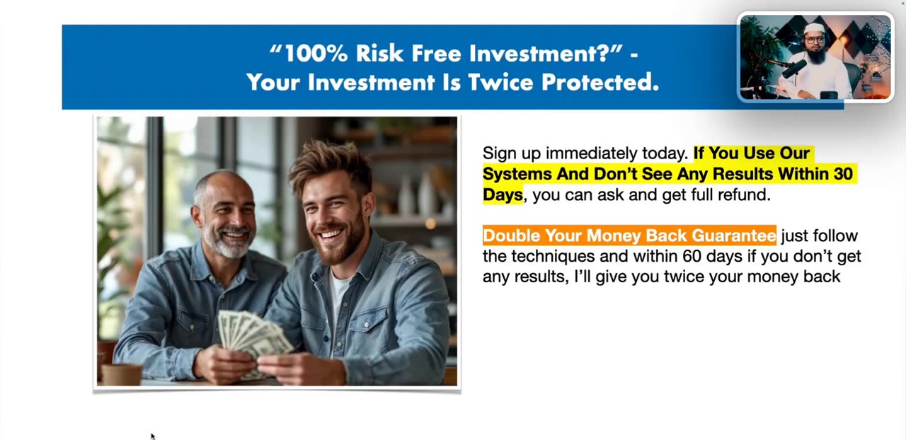 Slide: 100% risk-free investment, your investment is twice protected. 30-day full refund and double-your-money-back within 60 days.