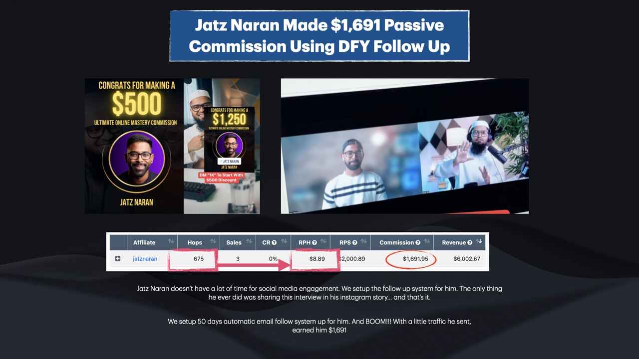 Jatz Naran made $1,691 in passive commission using done-for-you follow-up: his $500 and $1,250 commission cards, his interview with Mosh, and his affiliate stats showing 675 visitors, 3 sales and $1,691.95 in commission.