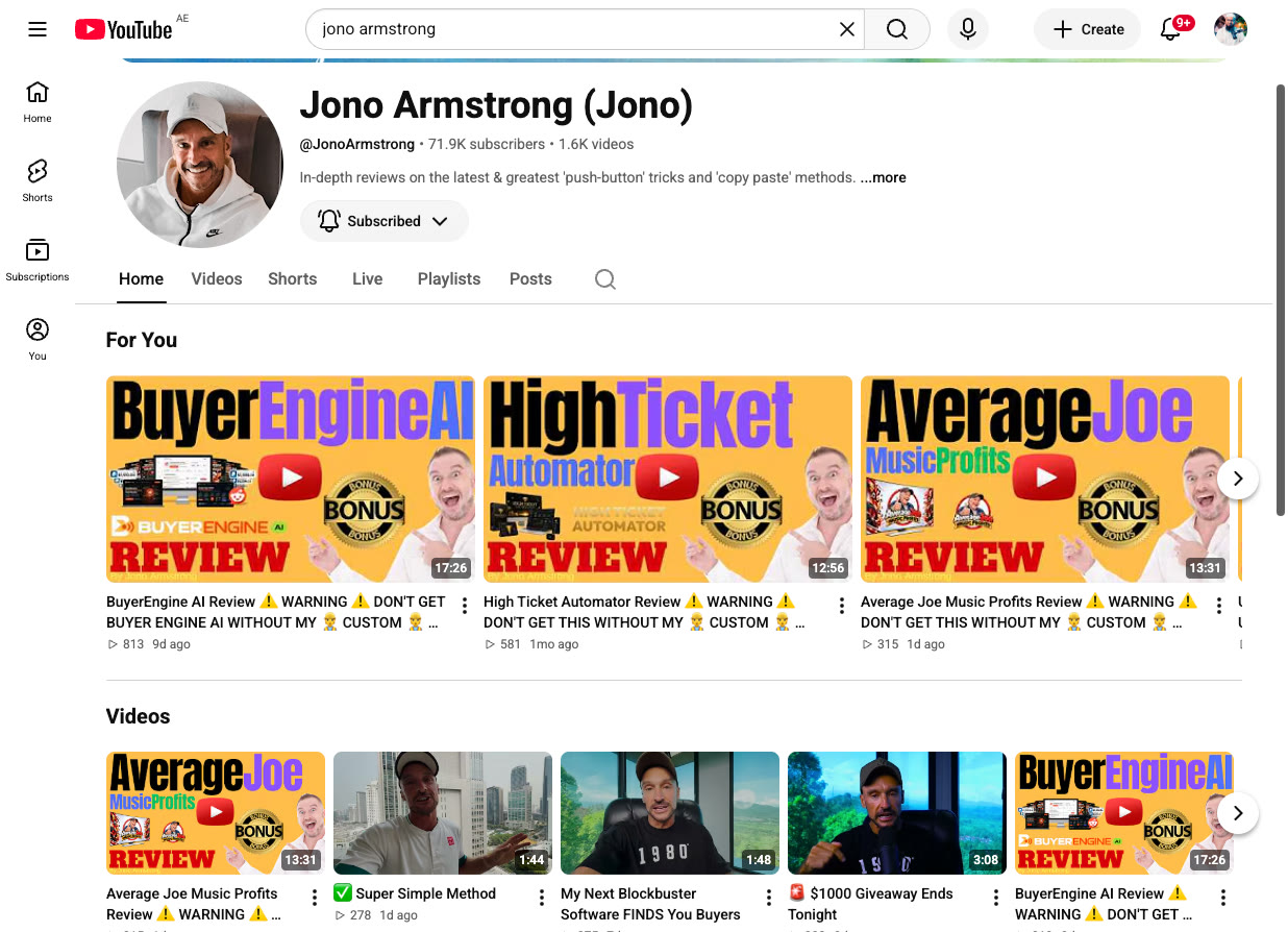 Jono Armstrong's YouTube channel: 71.9K subscribers, 1.6K videos, a row of product review thumbnails each with a BONUS badge.