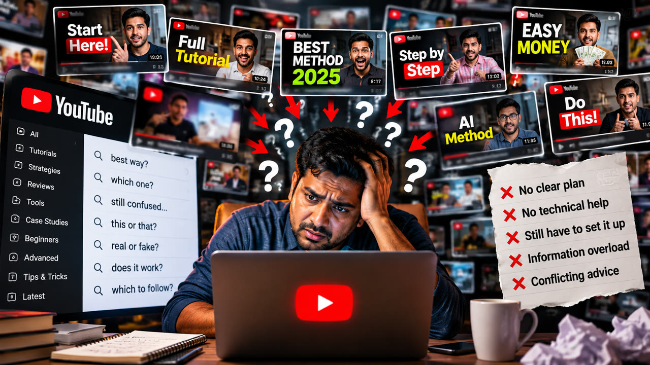 A frustrated man holding his head in front of a laptop, surrounded by YouTube videos titled Start Here, Full Tutorial, Best Method 2025, Step by Step, Easy Money, AI Method and Do This. Searches read best way, which one, still confused, real or fake. A note lists no clear plan, no technical help, still have to set it up, information overload, conflicting advice.