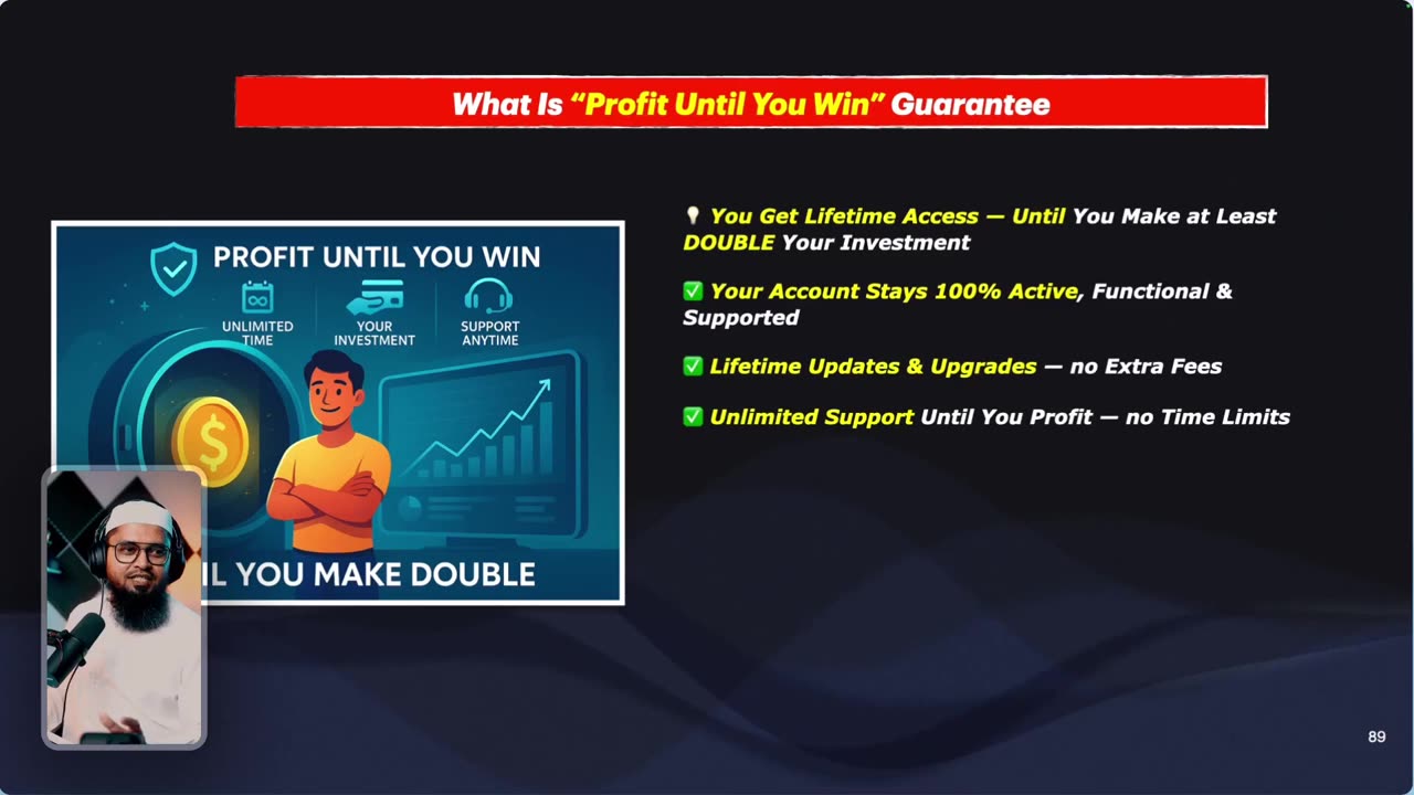 Slide: What is the Profit Until You Win guarantee. Lifetime access until you make at least double your investment, account stays active, lifetime updates, unlimited support.