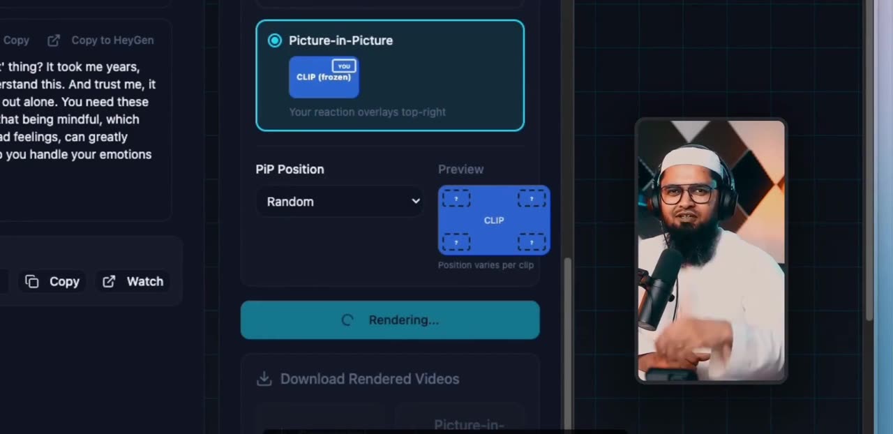 Rant Pro render screen: picture-in-picture layout with random position, rendering the final video.