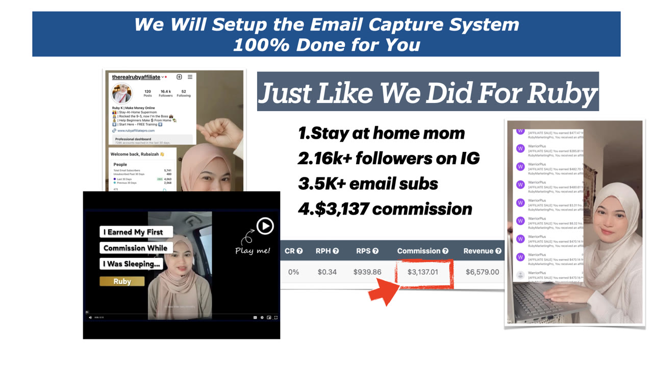 Slide: We will set up the email capture system 100% done for you, just like we did for Ruby. Stay-at-home mom, 16K+ followers on Instagram, 3.5K+ email subscribers, $3,137 commission.