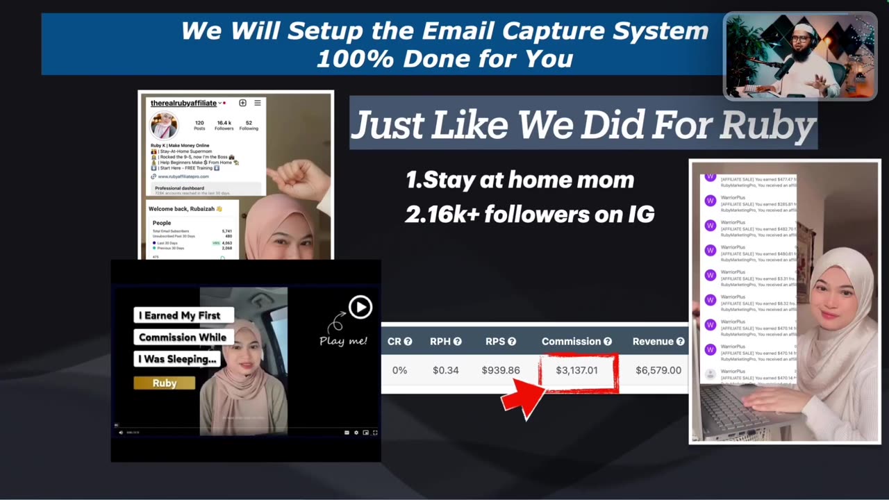 Slide: We will set up the email capture system 100% done for you, just like we did for Ruby, a stay-at-home mom with 16K+ Instagram followers. $3,137 in commissions circled.