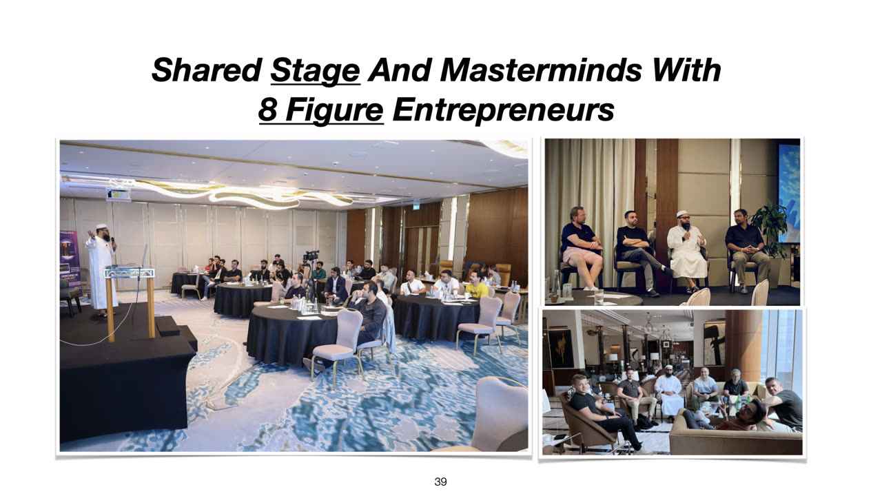 Mosh Bari speaking on stage to a room of entrepreneurs, on a panel with three other entrepreneurs, and at a mastermind in a hotel lounge.