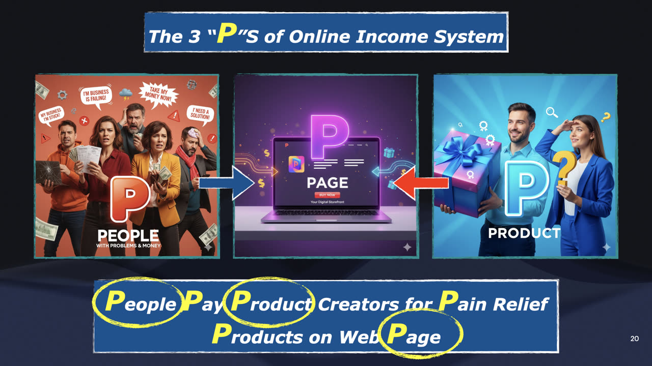 Slide: the 3 Ps of an online income system. People with problems and money, a Page (your digital storefront), and a Product. People pay product creators for pain-relief products on a web page.
