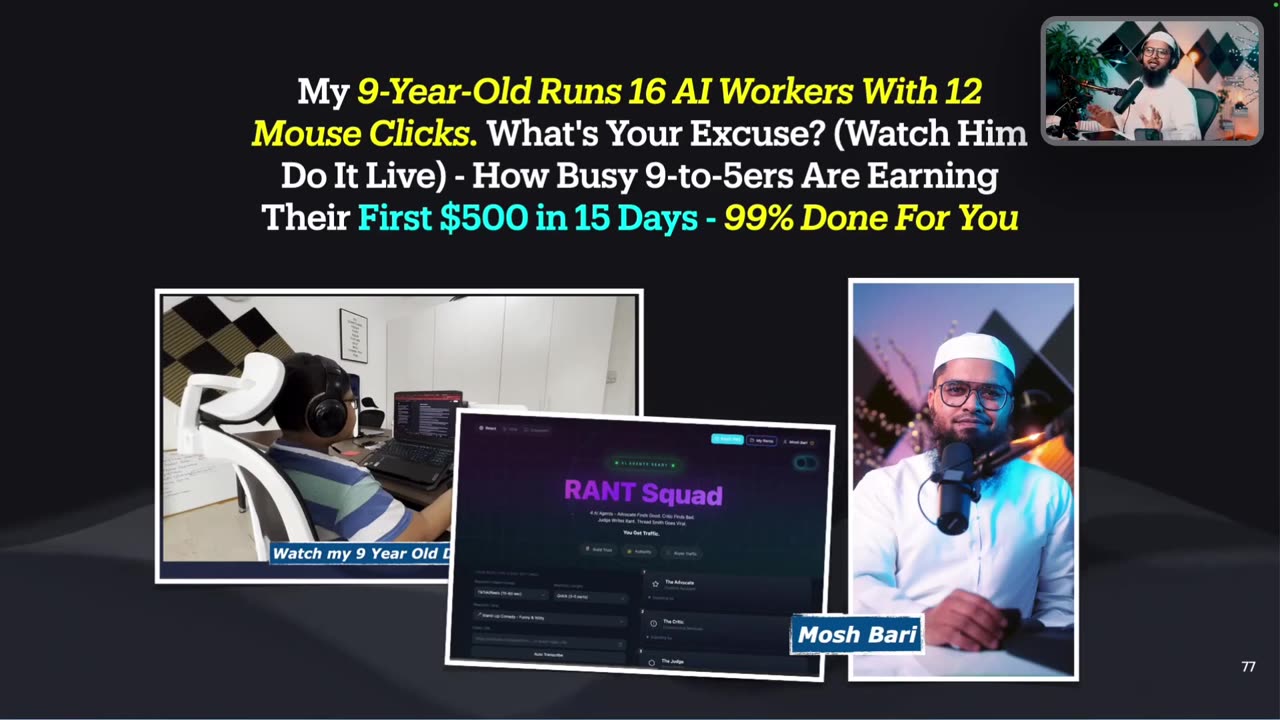 Masterclass title slide: My 9-year-old runs 16 AI workers with 12 mouse clicks. Mosh Bari and his son at the computer with Rant Squad on screen.