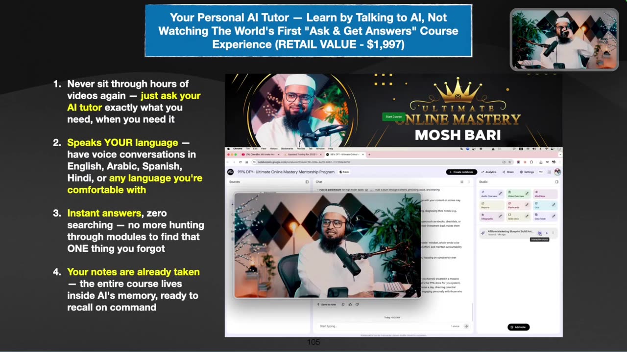 Slide: Your personal AI tutor. Learn by talking to AI, not watching. Speaks your language, instant answers, your notes are already taken.